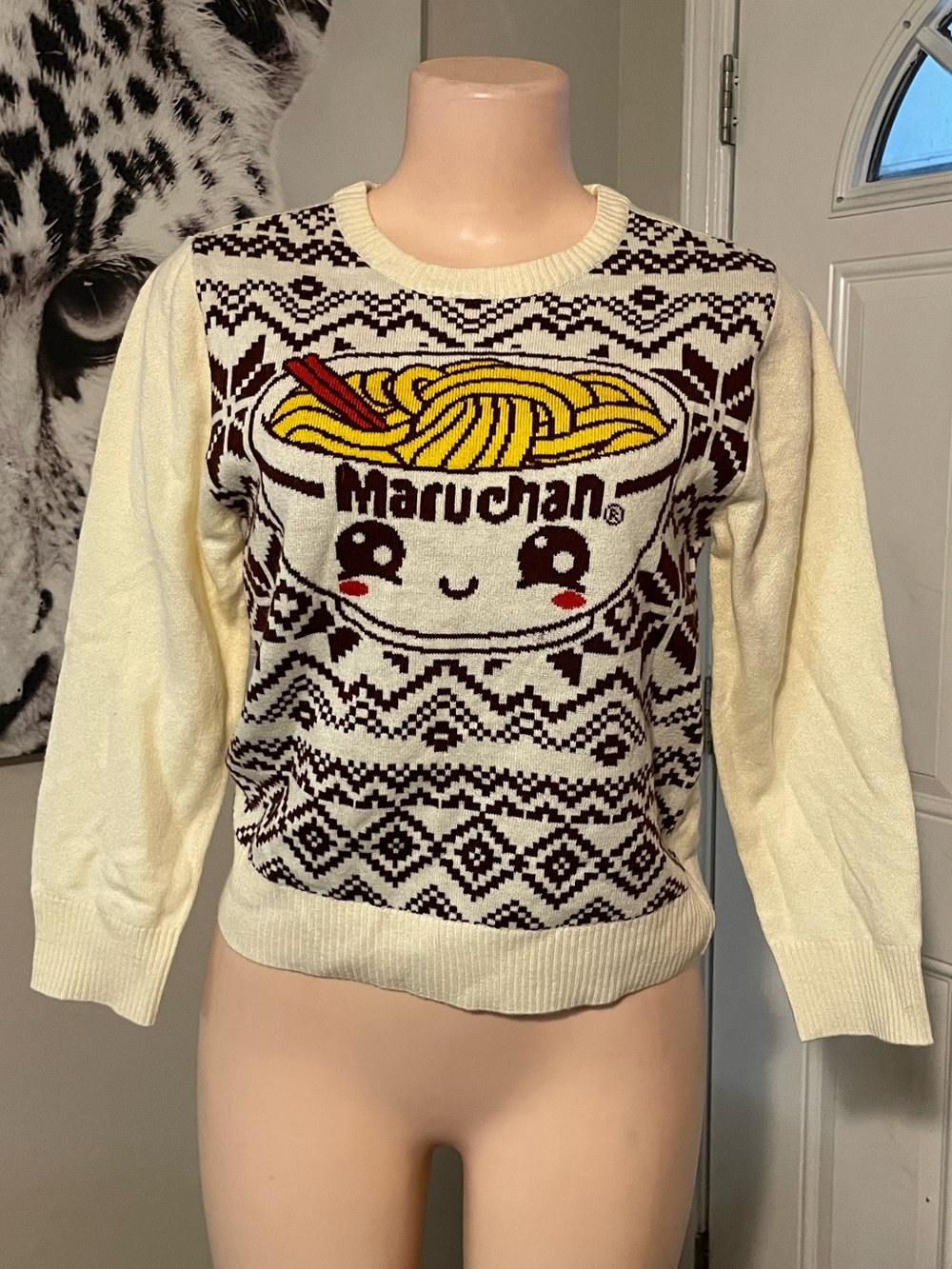 Maruchan Cream Knit Sweater top Kawaii Ramen Noodles Graphic Nordic style Med